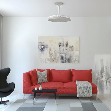 Ventilatore da soffitto bianco con luce LED sopra divano rosso